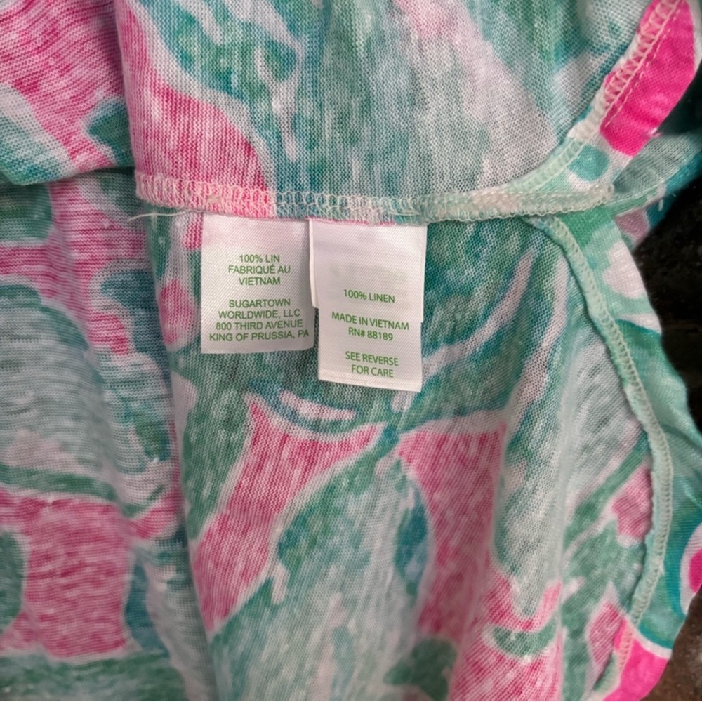 LILLY PULITZER Mindy Tunic Top Tropical Pink Sands V-Neck Linen Shirt Medium - Picture 3 of 11
